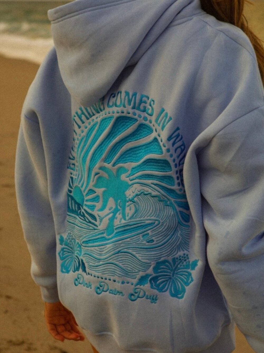 NEW Pink Palm Puff Everything Comes in Waves Hoodie in Blue choose size - Picture 7 of 7